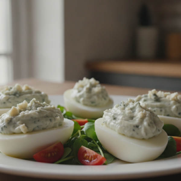 Huevos rellenos al roquefort emplatados con berros