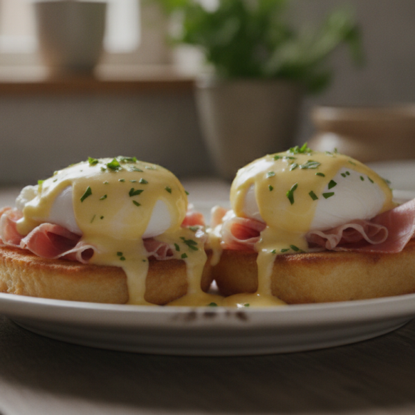 Huevos con salsa holandesa y jamón sobre pan frito