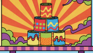 Ilustración de latas de sopa al estilo pop art en una cocina
