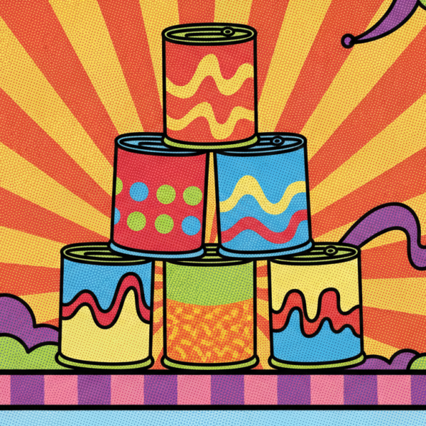 Ilustración de latas de sopa al estilo pop art en una cocina