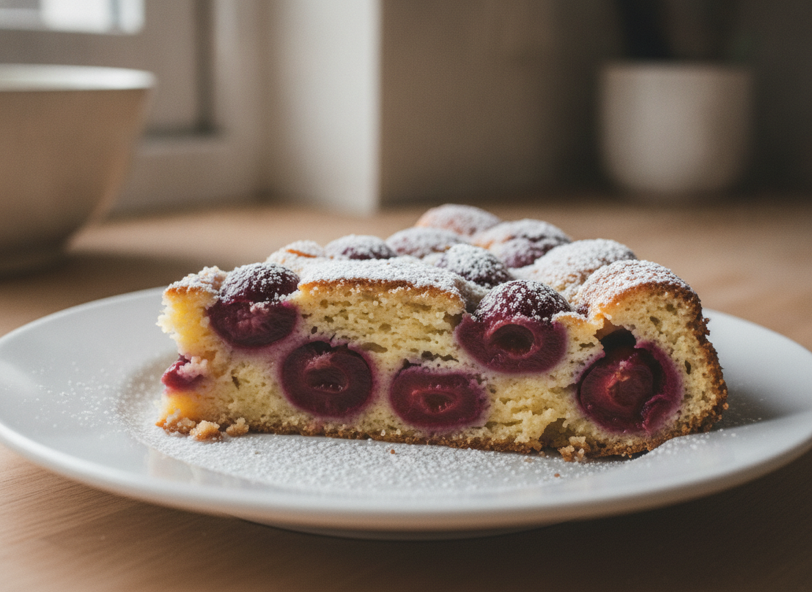 Clafoutis de cereza tradicional a la francesa 2 Corte de clafoutis de cereza mostrando su textura