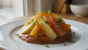 Dulce de leche con citricos confitados emplatado