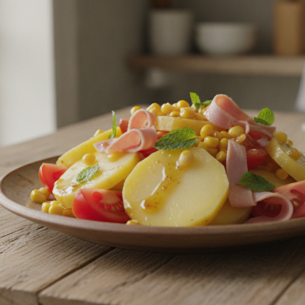 Ensalada de patata a la menta con tomate, maiz y jamon york