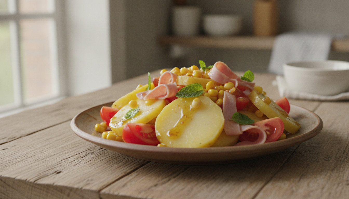 Ensalada de patata a la menta con jamon y maiz 2 Ensalada de patata a la menta con tomate, maiz y jamon york