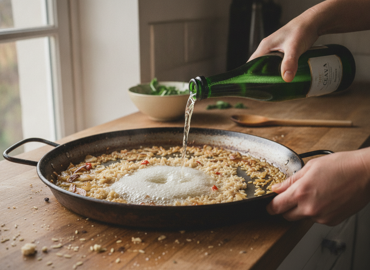Vertiendo el cava sobre el arroz sofrito con cebolla