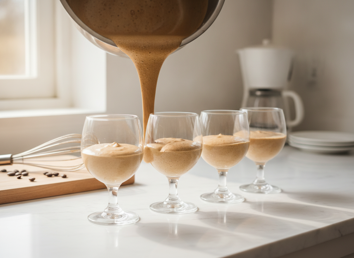 Mousse de café con requesón: receta fácil sin horno 2 Repartiendo la mousse de café en copas