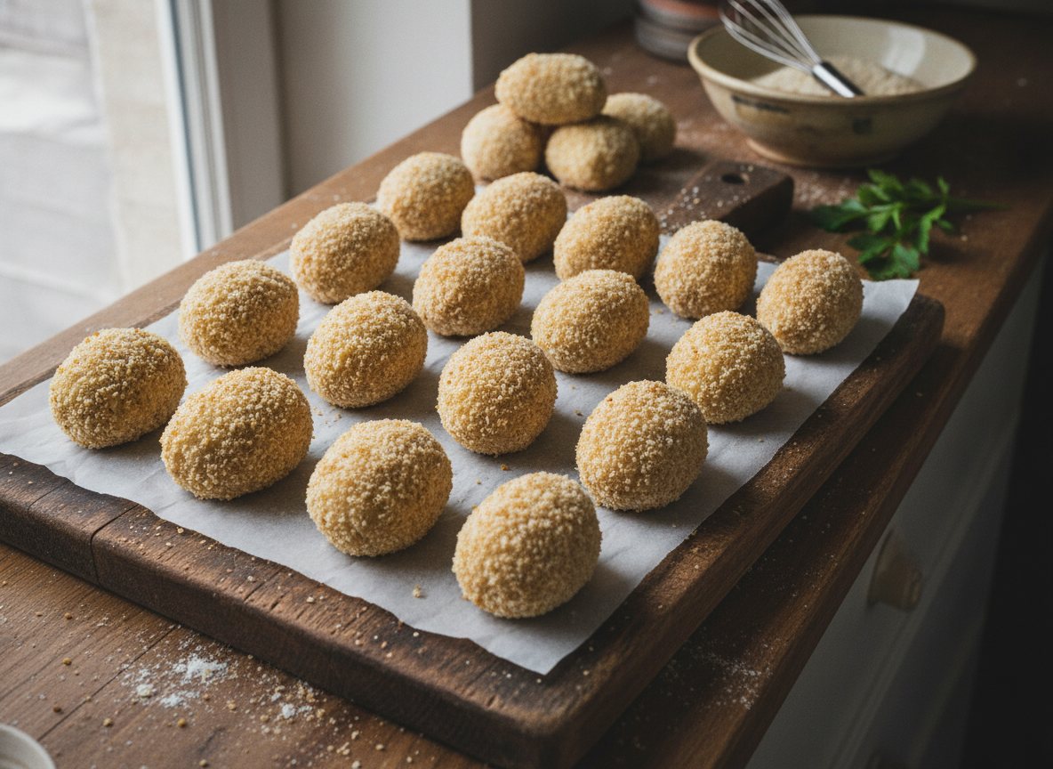 Croquetas de arroz formadas y rebozadas listas para freír