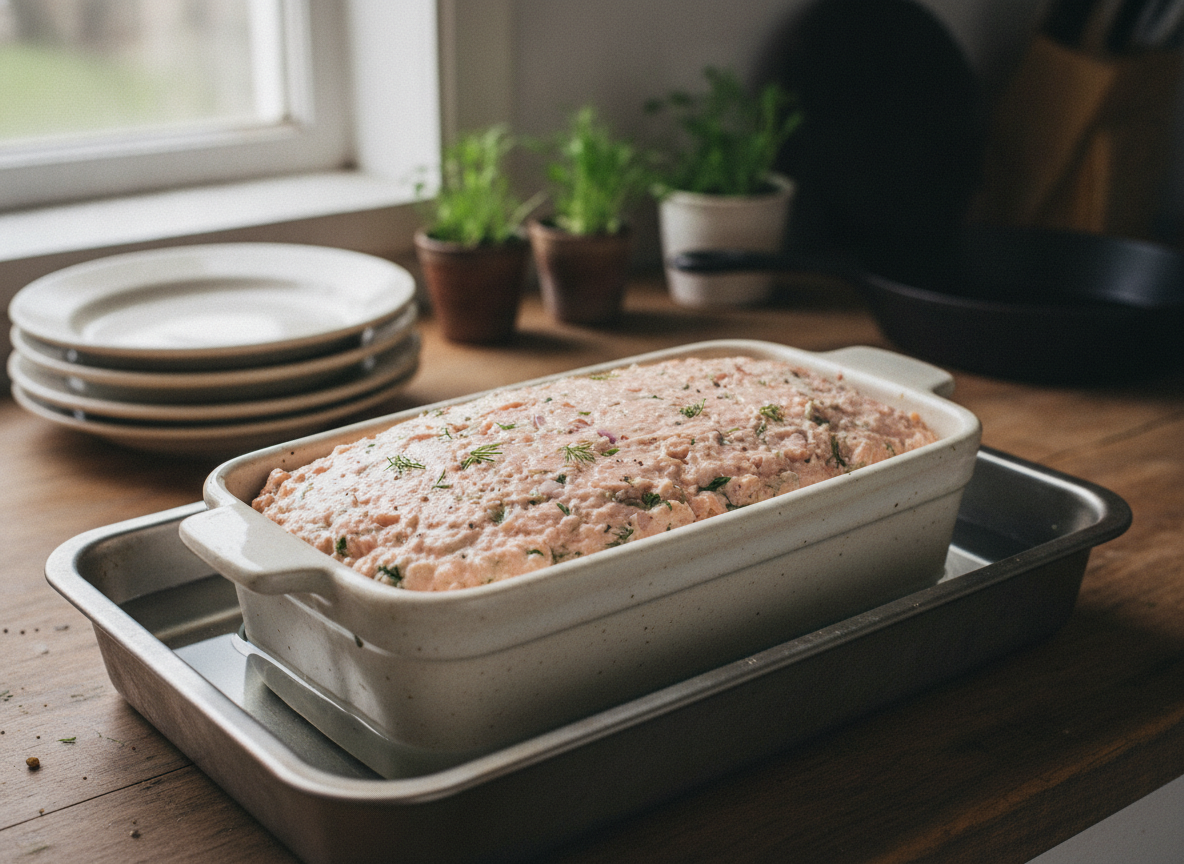 Molde con la mezcla de pastel de salmón antes de hornear al baño maría