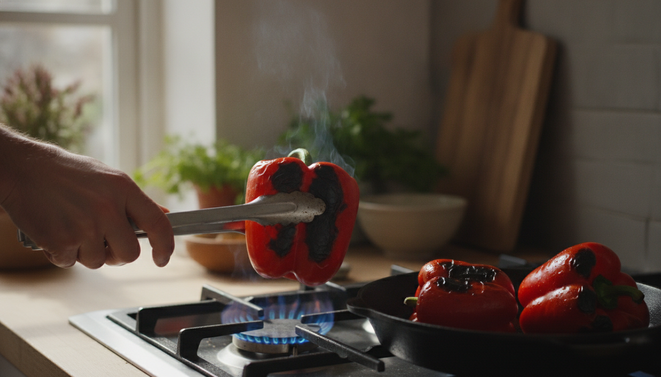 Asando pimientos rojos directamente al fuego hasta chamuscar la piel