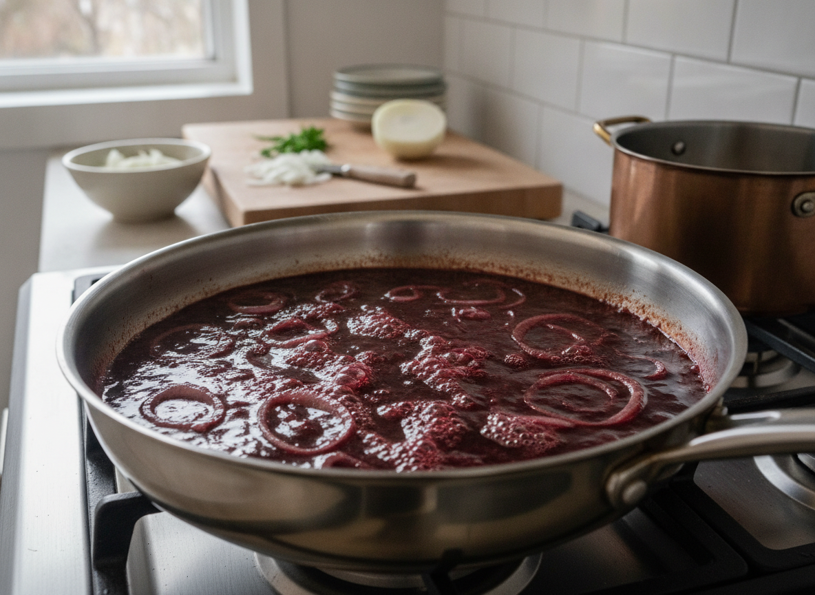 Hígado de ternera al vino tinto y mostaza 2 Salsa de vino tinto reduciéndose junto a la cebolla pochada