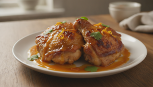 Muslos de pollo asados bañados en salsa agridulce de naranja