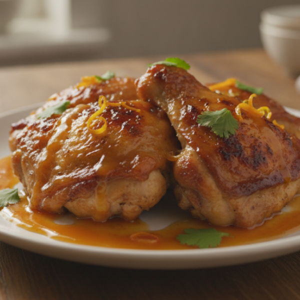 Muslos de pollo asados bañados en salsa agridulce de naranja