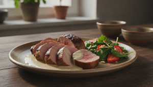 Solomillo de cerdo ibérico en crema de leche con ensalada de espinacas y fresas