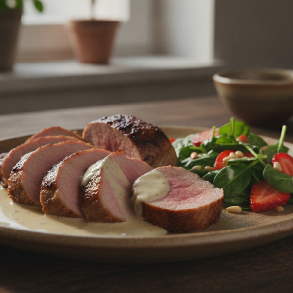 Solomillo de cerdo ibérico en crema de leche con ensalada de espinacas y fresas