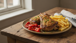 Costilla de ternera asada con guarnicion de patatas fritas y pimientos de piquillo