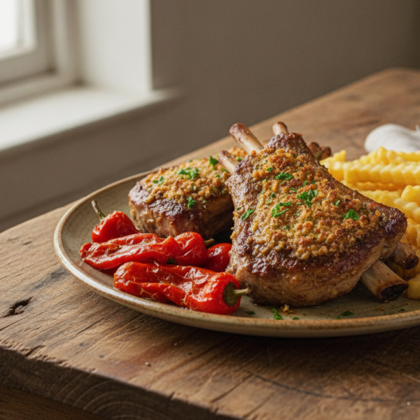 Costilla de ternera asada con guarnicion de patatas fritas y pimientos de piquillo