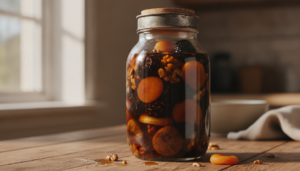 Tarro de cristal con frutos secos macerados en ron: higos, ciruelas, albaricoques y nueces