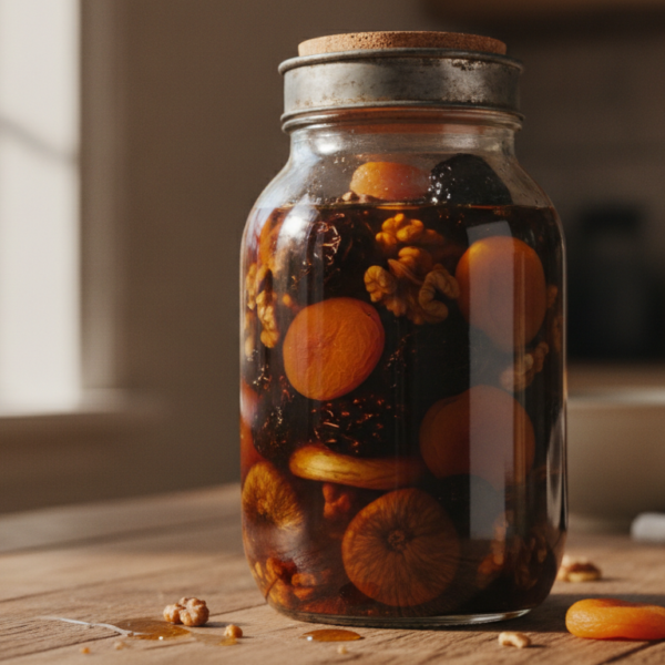 Tarro de cristal con frutos secos macerados en ron: higos, ciruelas, albaricoques y nueces