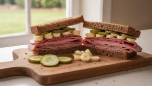 Sandwich Bahía con palmitos y pepinillos en pan de centeno