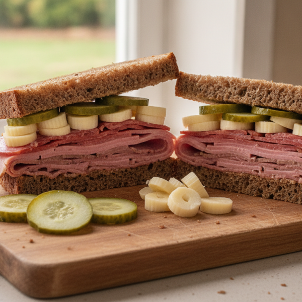 Sandwich Bahía con palmitos y pepinillos en pan de centeno