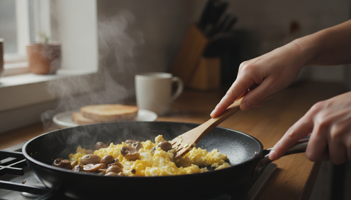 Revolviendo los huevos con champiñones en la sartén a fuego suave para que queden cremosos