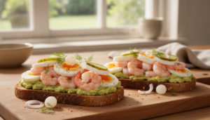 Sandwich de camarones con aguacate, yema de huevo y pepinillos en pan integral