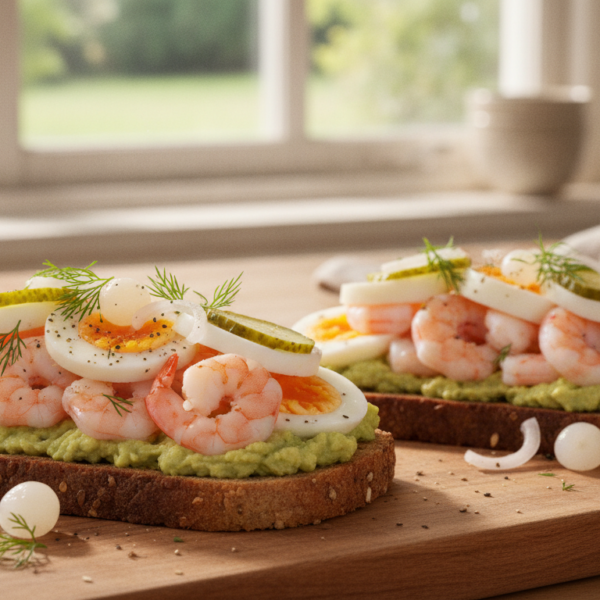 Sandwich de camarones con aguacate, yema de huevo y pepinillos en pan integral