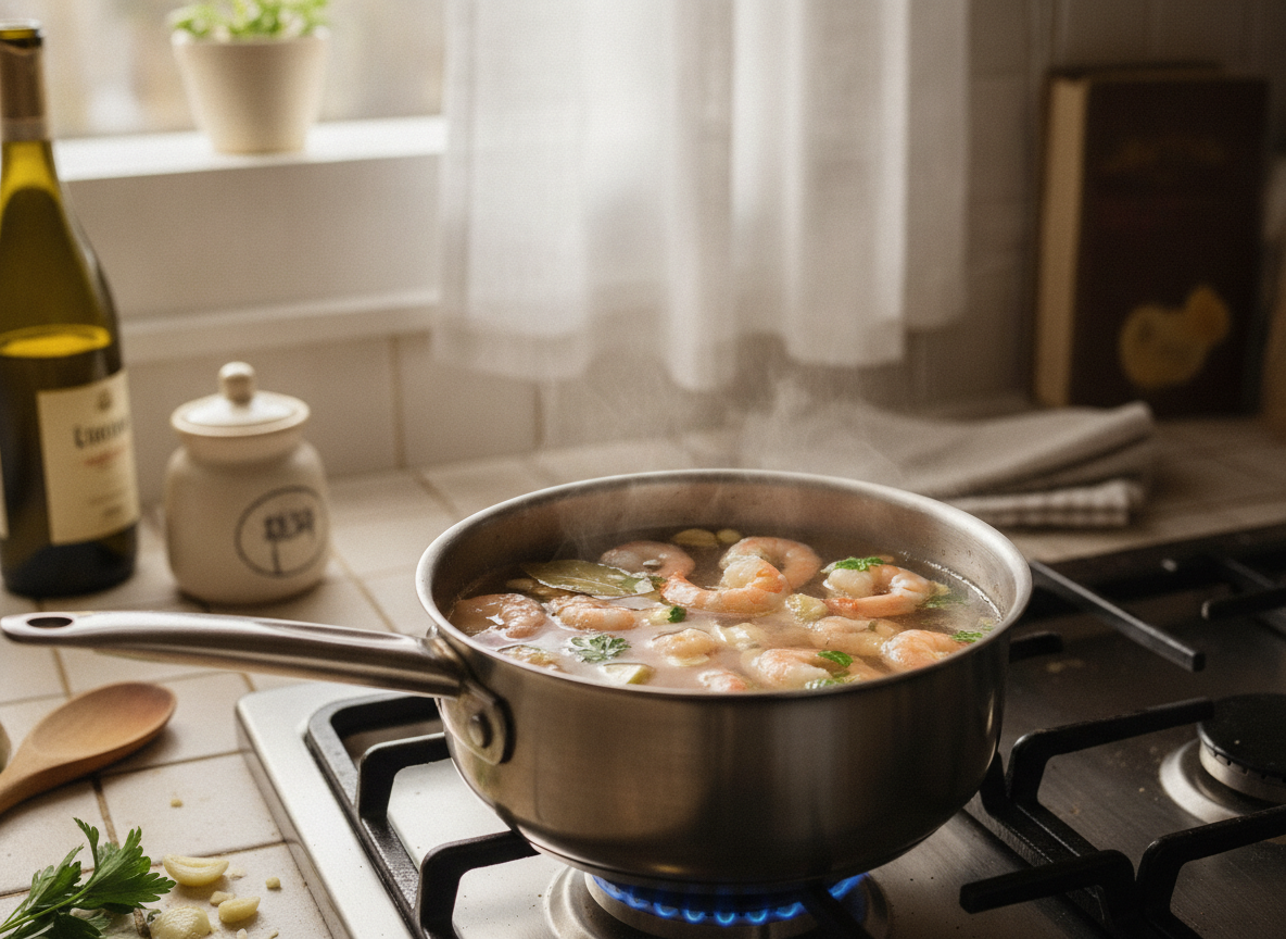 Ensalada de escarola con gambas al jengibre: receta fácil 1 Colas de gambas cociéndose en agua y vino blanco