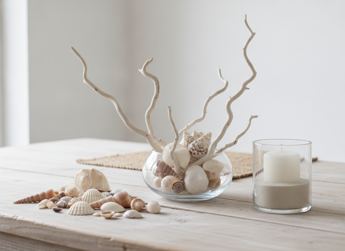 Centro de mesa sencillo con conchas naturales y una vela con arena