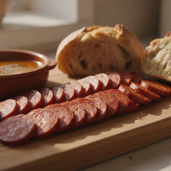 Chorizos a la sidra cortados en rodajas listos para servir