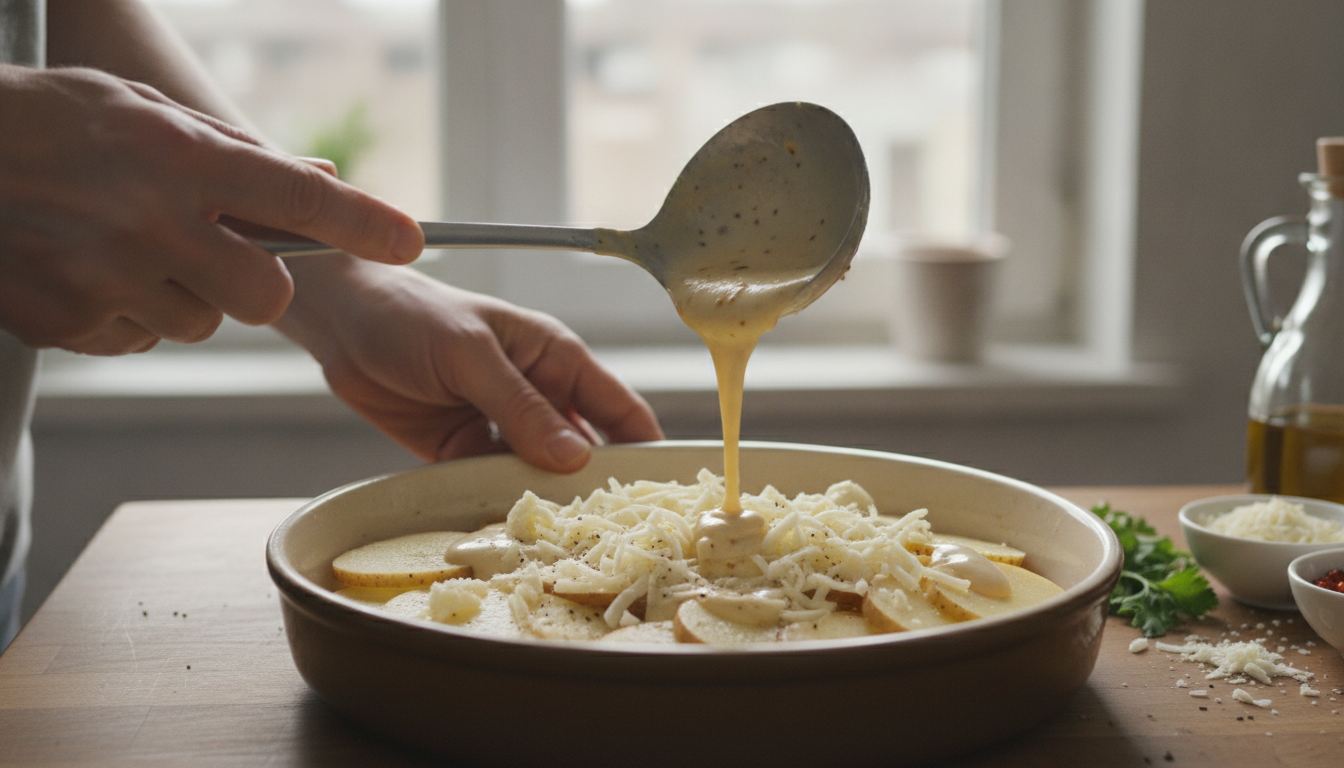 Salsa de queso y mostaza echada sobre las rodajas de patata antes de gratinar