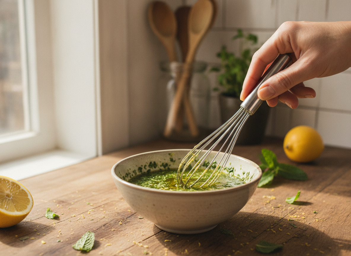 Ensalada de patata a la menta con jamon y maiz 1 Preparando la vinagreta de menta para la ensalada