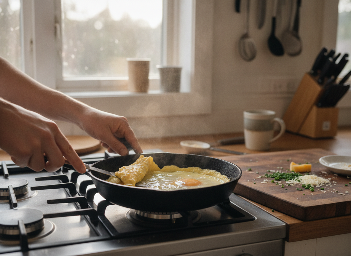 Panaché de verduras con tortilla: receta vasca de aprovechamiento 3 Cuajando una tortilla individual de dos huevos