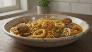 Arroz marinero caldoso con almejas, gambas y calamar