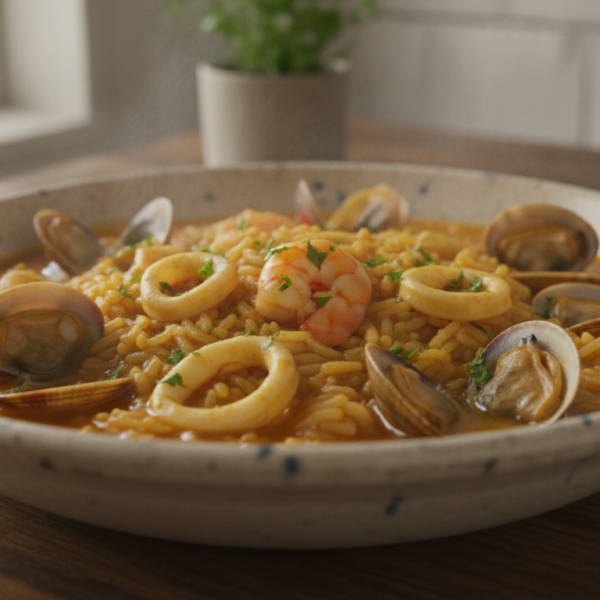 Arroz marinero caldoso con almejas, gambas y calamar
