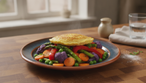 Panaché de verduras con tortilla servido en un plato de cerámica