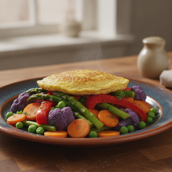 Panaché de verduras con tortilla servido en un plato de cerámica