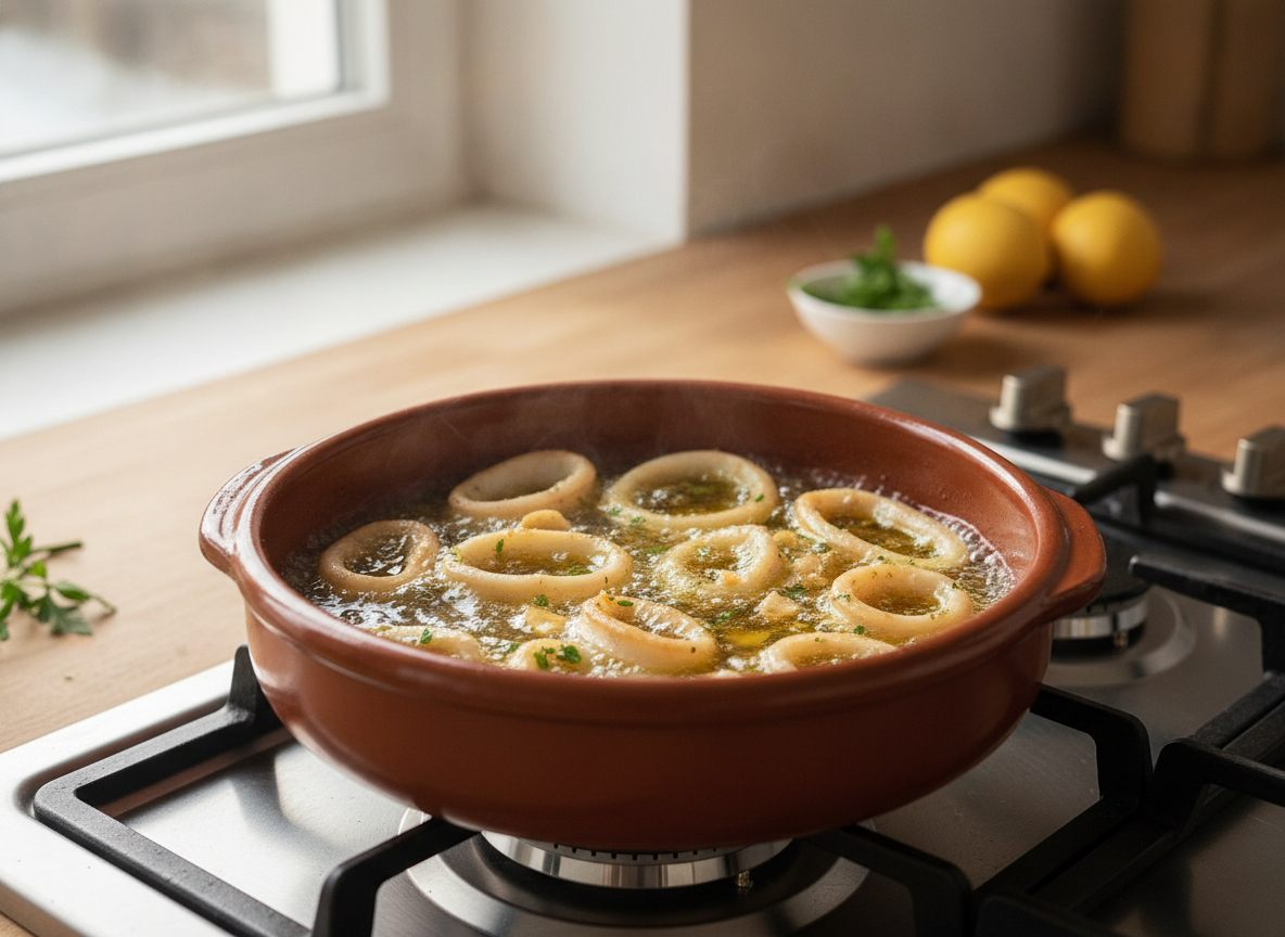 Calamares rehogándose en aceite de oliva en cazuela de barro
