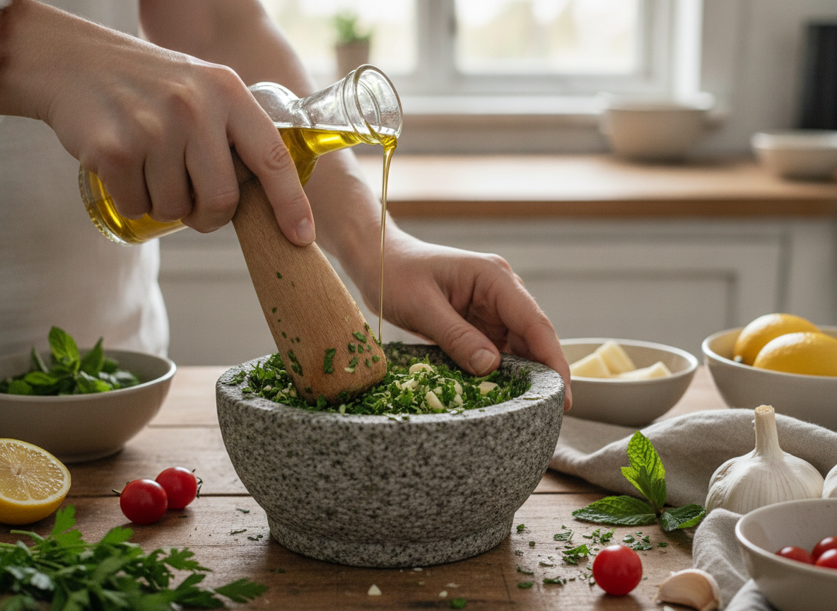 Macarrones al pesto casero de perejil, menta y piñones 1 Majando ajo, perejil y menta en el mortero para el pesto