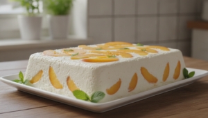 Cheesecake agridulce de requesón y melocotón con hojas de menta