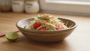 Ensalada de papaya verde tailandesa som tam servida en un bol