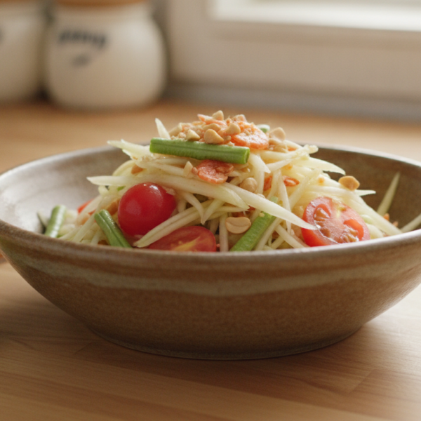 Ensalada de papaya verde tailandesa som tam servida en un bol
