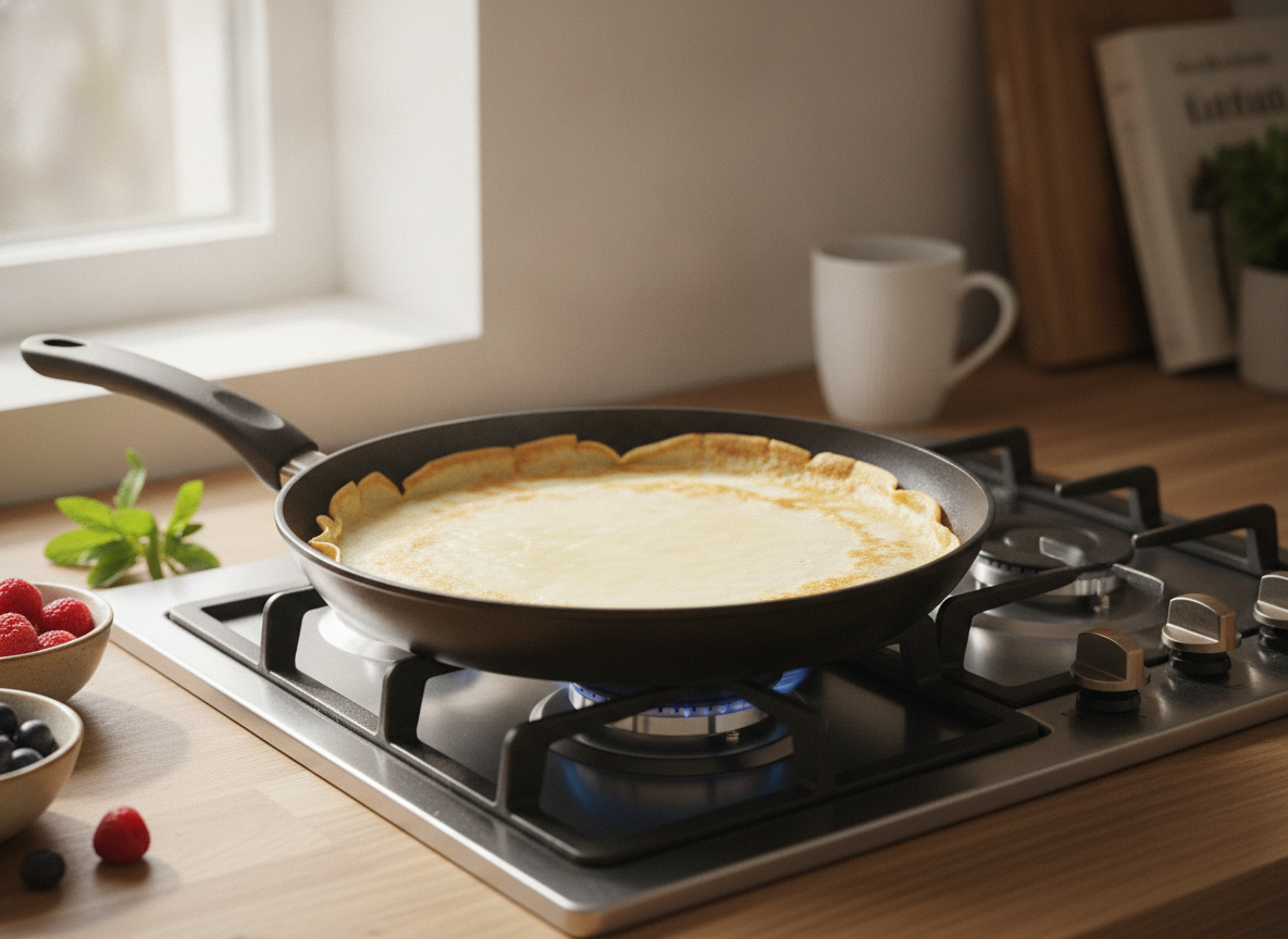 Cocinando la crepe en la sartén antiadherente