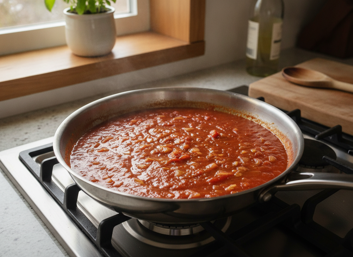 Salsa de tomate y vino blanco cociendo a fuego mínimo