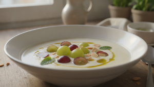Ajoblanco con uvas moscatel en bol blanco, sopa fría andaluza