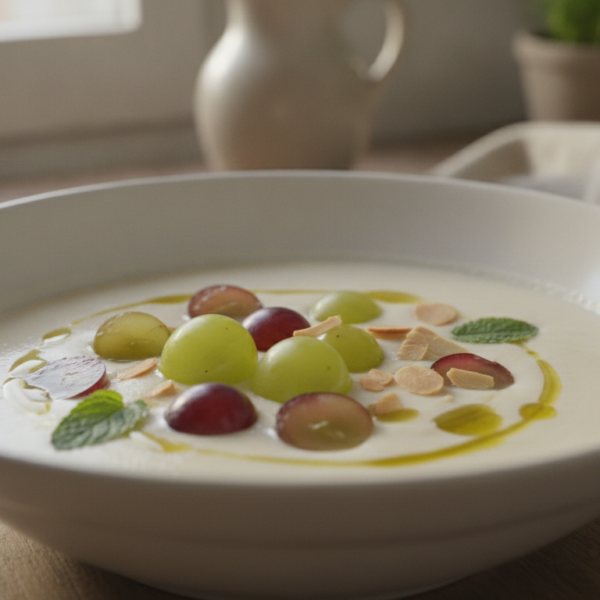 Ajoblanco con uvas moscatel en bol blanco, sopa fría andaluza