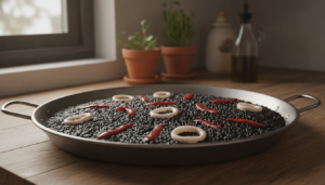 Arroz negro con calamares recién hecho en cazuela