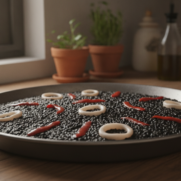 Arroz negro con calamares recién hecho en cazuela