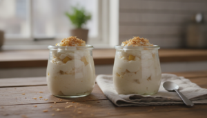 Mousse de peras y coco servida en vasitos individuales