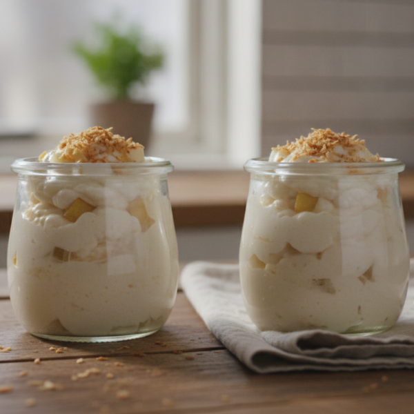 Mousse de peras y coco servida en vasitos individuales